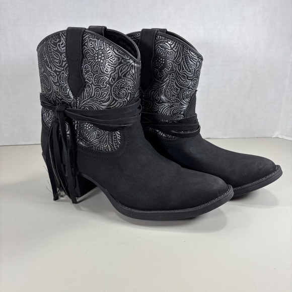 Dingo Women's Western Black Fringe Boots Embossed Floral Pull-On Size 6.5M - Picture 1 of 12